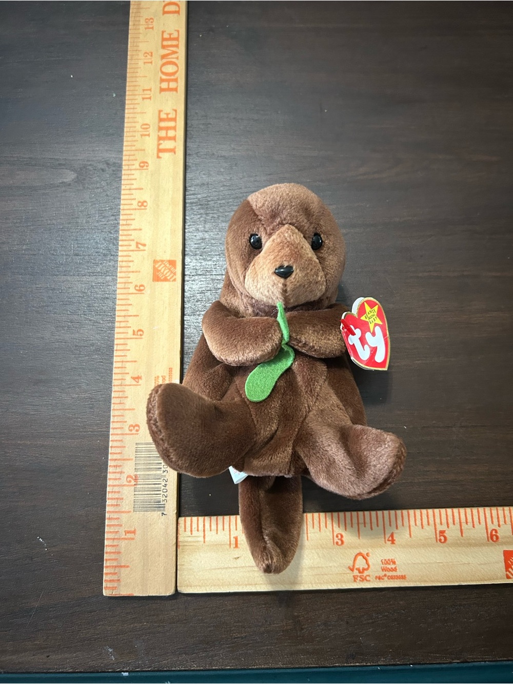 Ty Brown Otter Plush with Green Leaf Accent